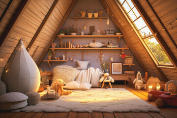 Fototapeta na wymiar an interior of attic room with a sweet, cozy and cute color