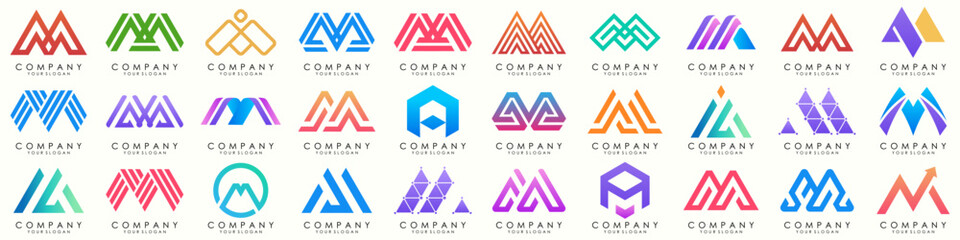 Set of letter M logo design vector. Collection of modern M letter design in colorful.