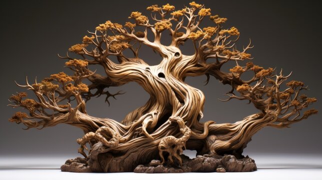 A 3D sculpture of a wise old tree with intricately detailed roots and branches, symbolizing the depth of knowledge gained through aging | generative ai