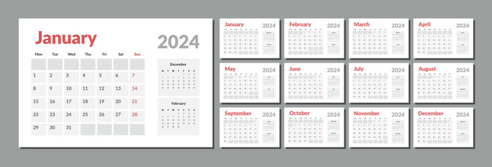 2024 Calendar Planner Template. Vector layout of a wall or desk simple calendar with week start Monday. Calendar grid in grey color for print