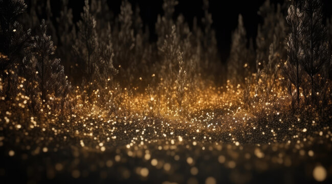 Imaginary Magical bokeh effect image of fireflies dancing in the dark blurred background, creating an enchanting atmosphere for Decorative Projects, Background, Christmas Celebration. Generative AI