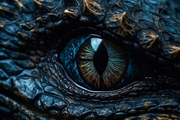 Fototapeta premium Fantasy dragon eye close up. Generative AI illustration. Ancient reptile.
