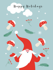 Cute Chrismas Gnome and amanita mushrooms. Happy Holidays. Greeting card, Christmas card - 617658663
