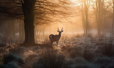 Winter forest beauty: a young deer in the misty sunrise. Creating using generative AI tools - obrazy, fototapety, plakaty