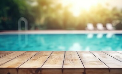 Abstract pool ambiance. Blurred pool background with wooden table for product showcase