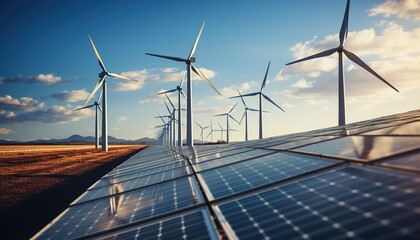 Fototapeta premium Clean Energy Revolution: Harnessing Solar Panels and Wind Turbines against a Blue Sky Backdrop