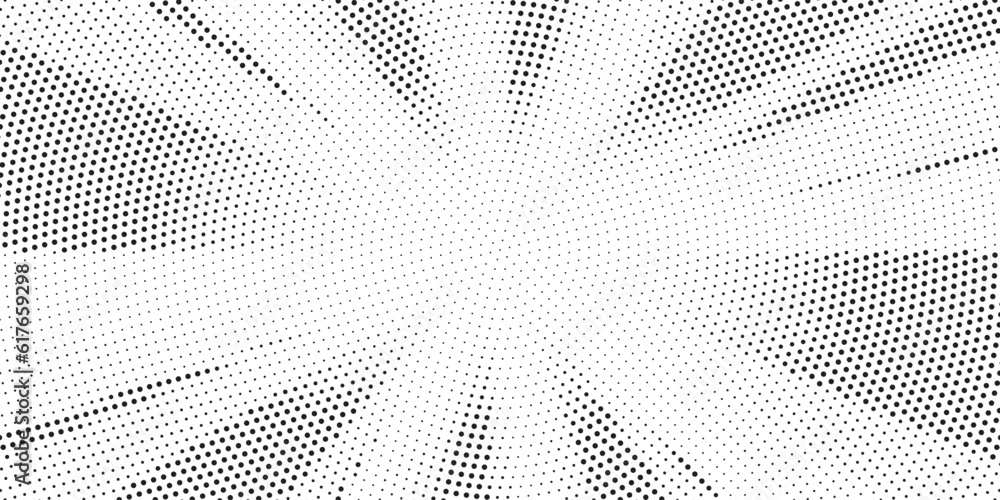 Poster Halftone gradient sun rays pattern. abstract halftone vector dots background. monochrome dots pattern. pop art, comic small dots. star rays halftone poster. shine, explosion. sunrise rays background.	