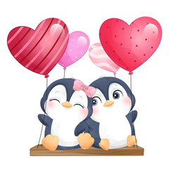 Cute penguin Happy Valentine Sweet Heart Love watercolor illustration