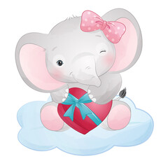 Cute elephant Happy Valentine Sweet Heart Love watercolor illustration