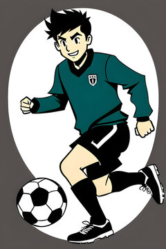 Cartoon of a male soccer or football player kicking a soccer ball. (AI-generated fictional illustration)
