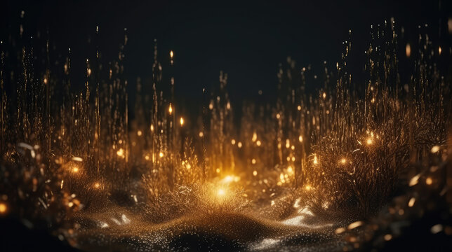 Imaginary Magical bokeh effect image of fireflies dancing in the dark blurred background, creating an enchanting atmosphere for Decorative Projects, Background, Christmas Celebration. Generative AI
