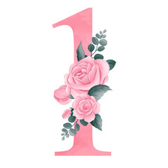 Number 1 with roses pink watercolor illustration