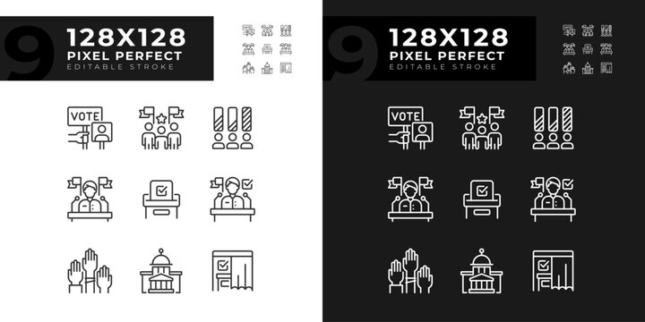 Various 2D pixel perfect set of dark and light theme icons representing voting and election, isolated vector illustration, editable politics signs for day and night mode.