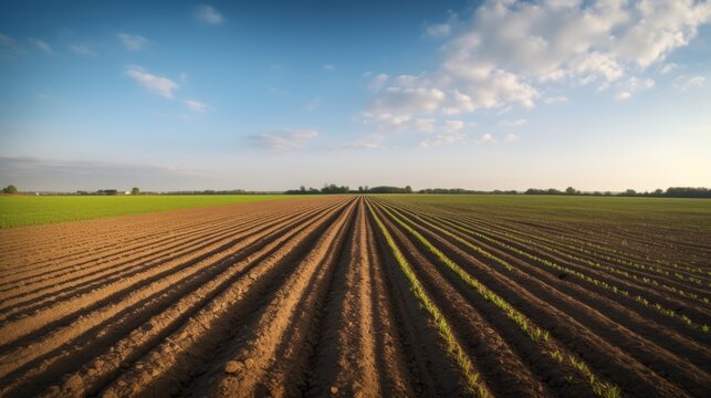 Rural farm Landscape: Freshly Plowed and Seeded Field Under Blue Sky, fertile toiled top soil, farming with copy space created using generative ai tools