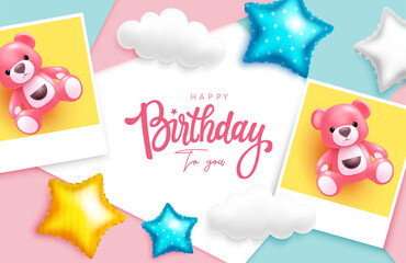 Happy birthday vector design. Birthday greeting text with teddy bear picture and star shape balloons. Vector illustration invitation card in abstract background.