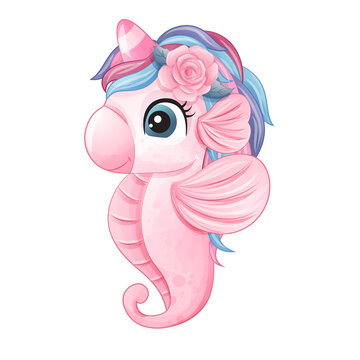 Cute seahorse sea animal watercolor illustration