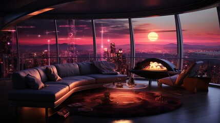 Dynamic Living Space: Modern Furnishings and an Enchanting Holographic Feature in the Futuristic Interior Design
