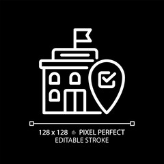 2D pixel perfect editable white linear icon of government building with location marker icon, isolated vector illustration for dark mode