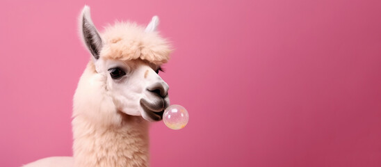 Funny llama blowing gum isolated on hot pink background with copy space. Generative AI illustration.