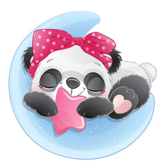 Cute Panda sleeping on moon with star watercolor illustration