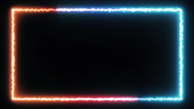 Two blue and orange rectangles creating a frame with rounded edges, slow movement, energy fields flowing counterclockwise, dark background. Seamless vaporwave animation.