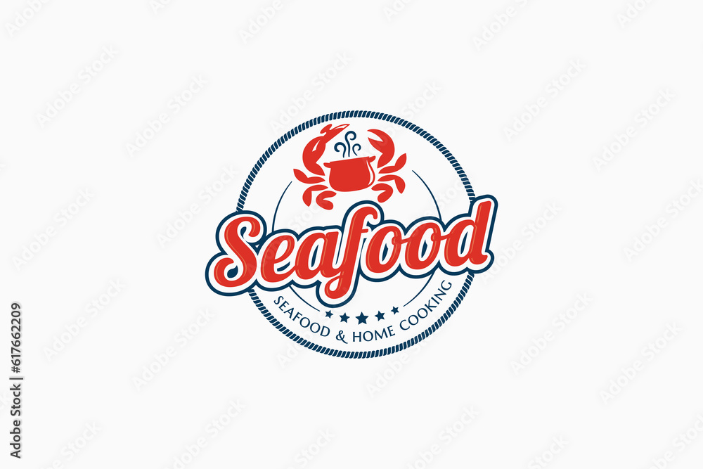 Poster unique seafood and home cooking logo in circle shape with a combination of crab and cauldron