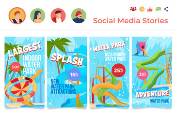 Kids indoor water park aquapark slide amusement sale discount social media stories set vector