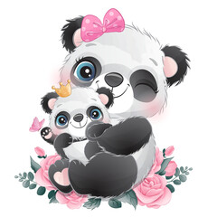 Cute panda and baby panda with roses wreath watercolor illustration
