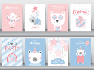 Set of birthday cards,poster,invitation,template,greeting cards,animals,bear,cute,Vector illustrations.