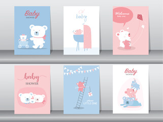 Fototapeta na wymiar Set of baby shower invitations cards with babies boy and girl,cute design,poster,template,storks,Vector illustrations.