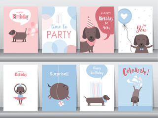 Set of birthday cards,poster,invitation,template,greeting cards,animals,dog,cute,Vector illustrations.