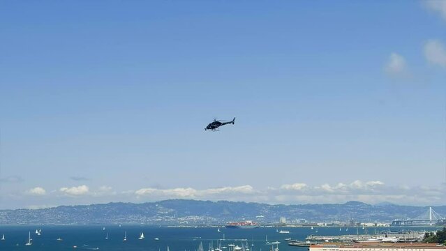 Press helicopter covering the SailGP event in San Francisco, California finals in 2023
