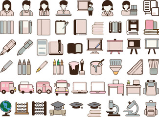 Collection of school supplies or stationery. bundle of accessories for lessons, items for education