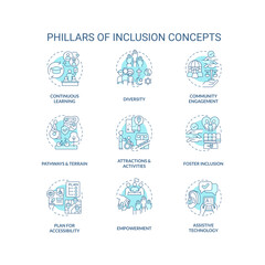 Pillars of inclusion turquoise concept icons set. Equal opportunity. Sustainable development. Anti discrimination. Social justice idea thin line color illustrations. Isolated symbols. Editable stroke