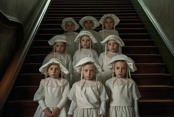 Naklejka premium group_of_girls_in_graduation_caps_and_gowns_standing