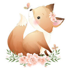 Cute fox with floral poses watercolor illustration