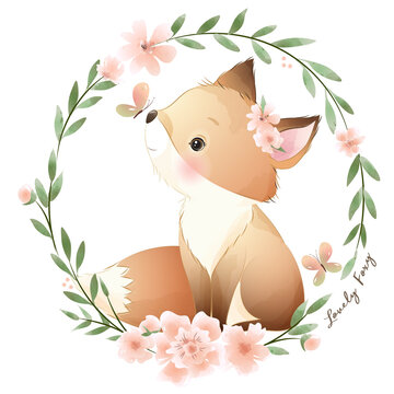 Cute fox with floral wreath watercolor illustration