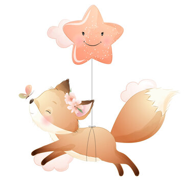 Cute fox flying with star balloon watercolor illustration