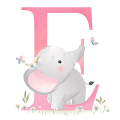 Cute elephant with Alphabet E watercolor illustration