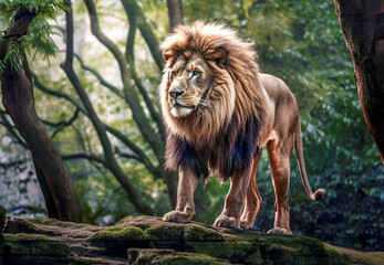 Single lion standing proudly on a small hill with forest background. Generative AI