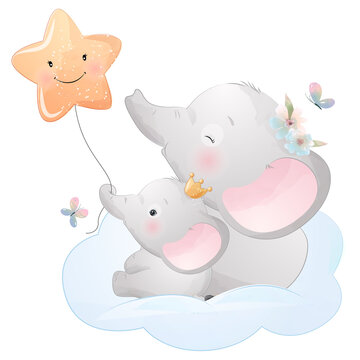 Cute elephant sitting on cloud with star balloon watercolor illustration