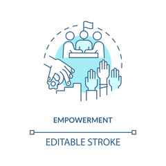 Empowerment turquoise concept icon. Decision making. Social justice. Equal access. System change. Community gathering abstract idea thin line illustration. Isolated outline drawing. Editable stroke