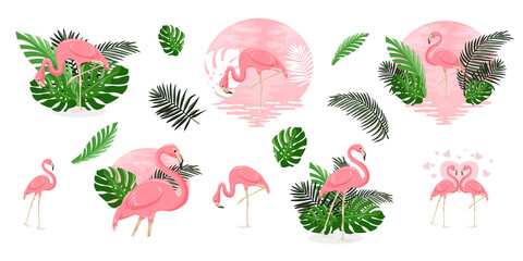 Set of summer vector illustrations of pink flamingo and tropical leaf. Trendy summer beach background for textile.