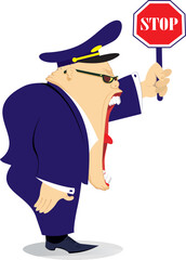 Cartoon police officer
Shouting traffic police officer holding a stop sign 
