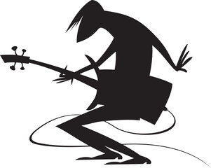 Musician playing guitar. Original silhouette. 
Musician playing guitar with inspiration. Black silhouette on white background
