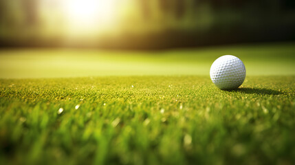 closeup golf ball on green grass with sun shine view created with Generative AI