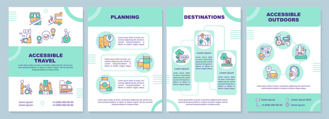 Accessible travel green brochure template. Road trip. Leaflet design with linear icons. Editable 4 vector layouts for presentation, annual reports. Arial-Black, Myriad Pro-Regular fonts used
