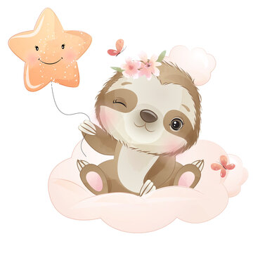 Cute sloth sitting on cloud with star balloon watercolor illustration