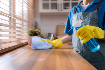 Cleaning service. Close-up of woman in apron and rubber gloves cleaning wooden table with spray