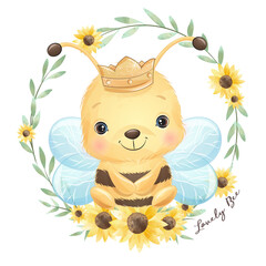 Cute bee with sunflower wreath watercolor illustration